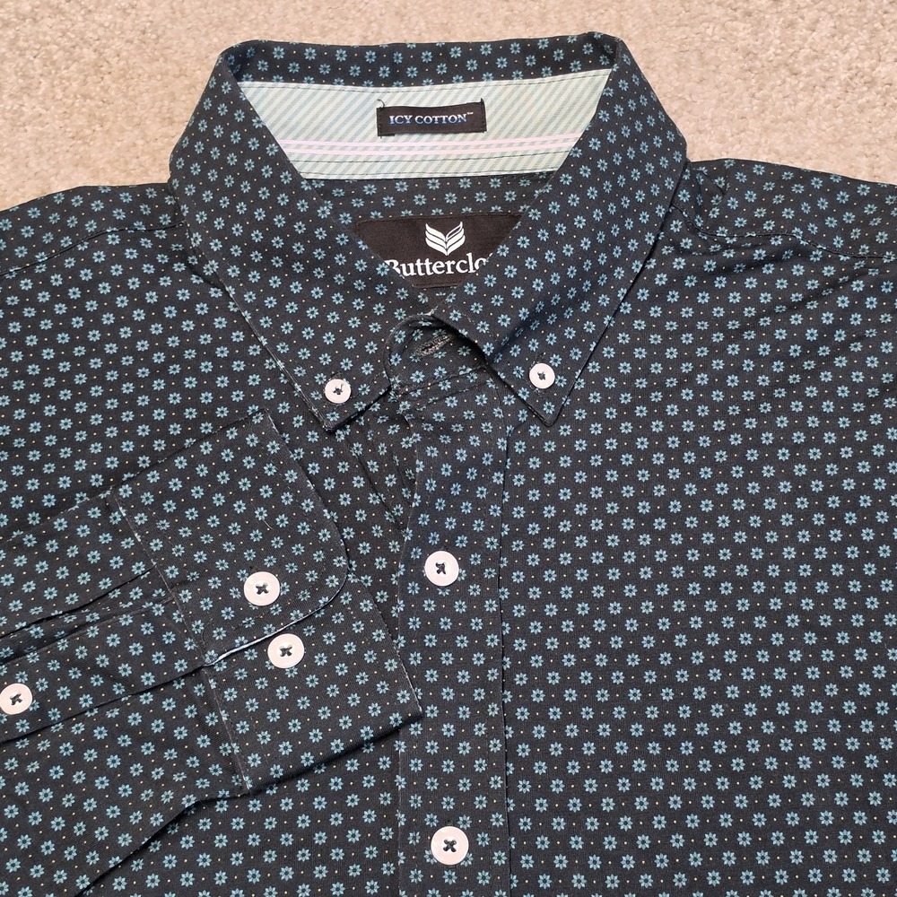 Buttercloth Icy Cotton Stretch Shirt Mens L Green Floral Button Down Flip Cuff